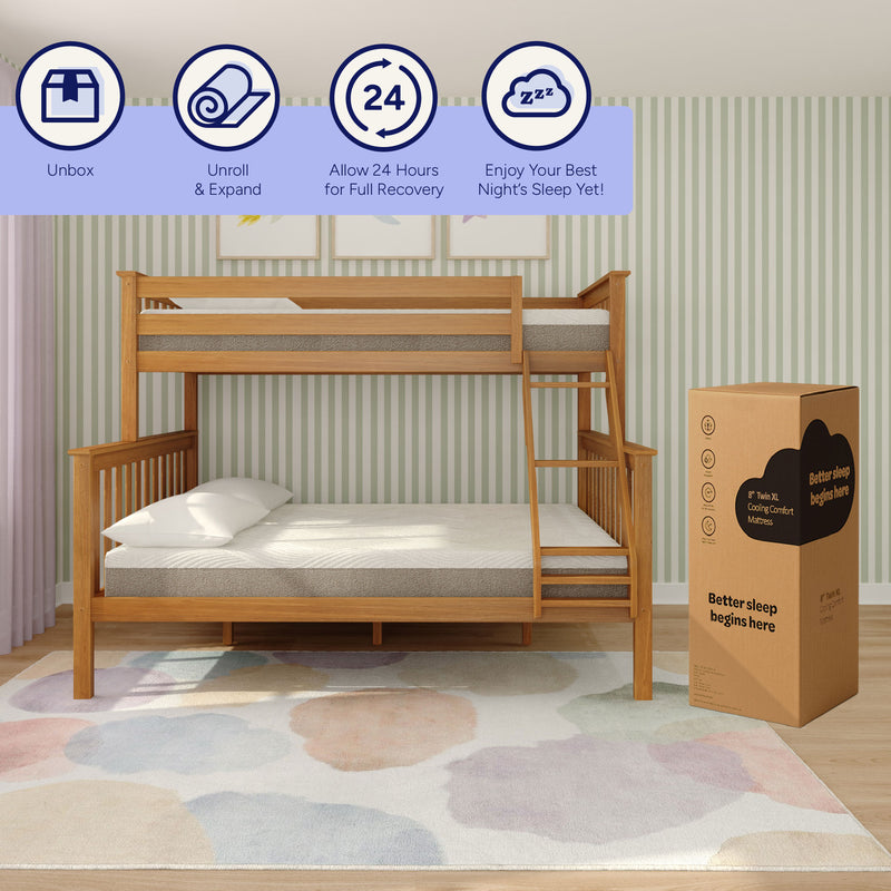 Wooden bunk bed in a children's bedroom with a mattress-in-a-box (Twin XL) labeled "Better sleep begins here," pastel watercolor rug, striped wallpaper, and unpacking icons