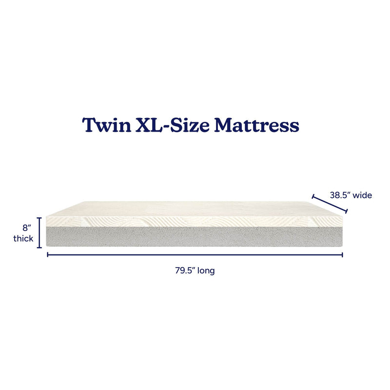 Twin XL mattress dimensions illustration: 8-inch thick foam Twin XL mattress, 79.5" long x 38.5" wide, two-layer construction on white background