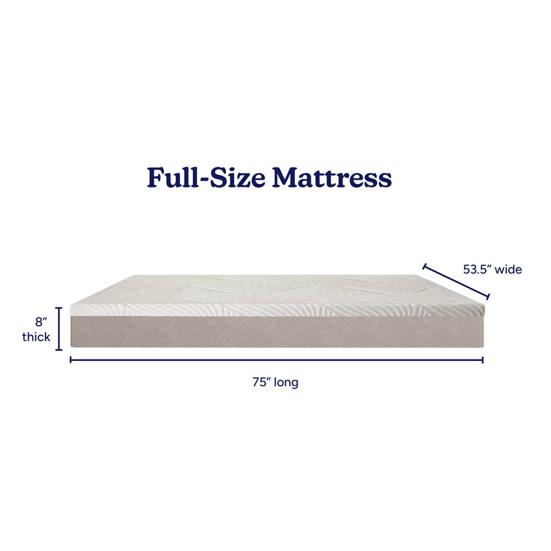 Full-size mattress 75 x 53.5 x 8 inches — low-profile beige base with white quilted top, labeled dimensions
