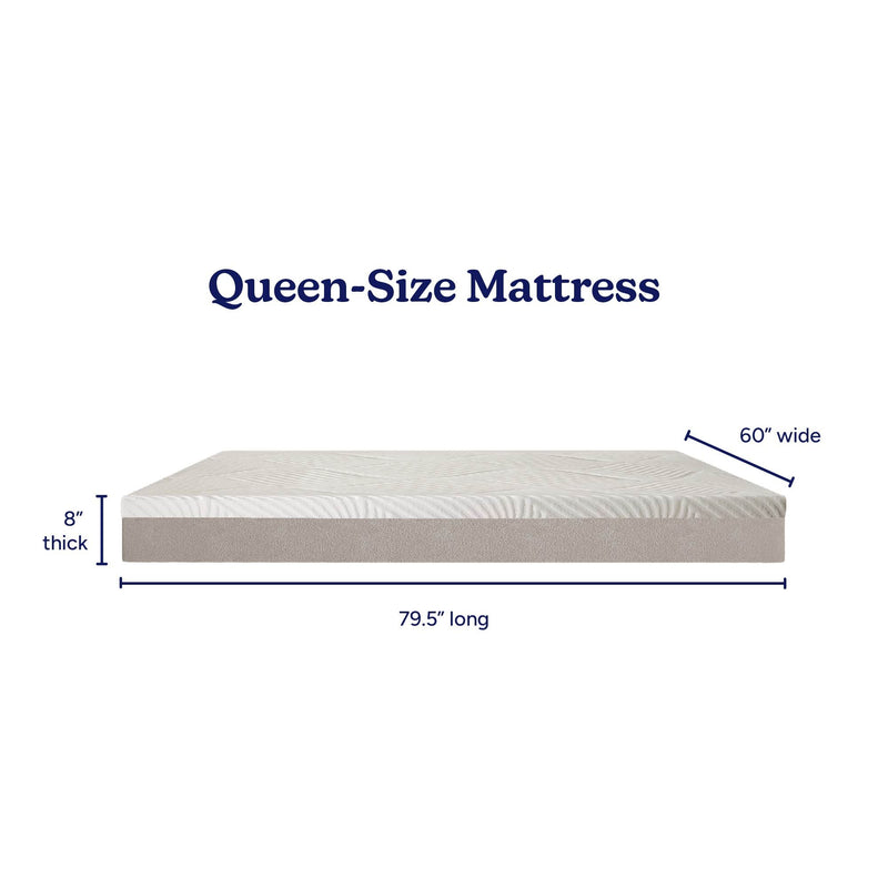 Queen-size mattress dimensions: 8-inch thick, 60 in wide x 79.5 in long, white quilted top with gray base — product measurement diagram