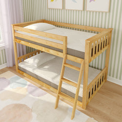 Wooden bunk bed with ladder in a children's bedroom with striped wallpaper.