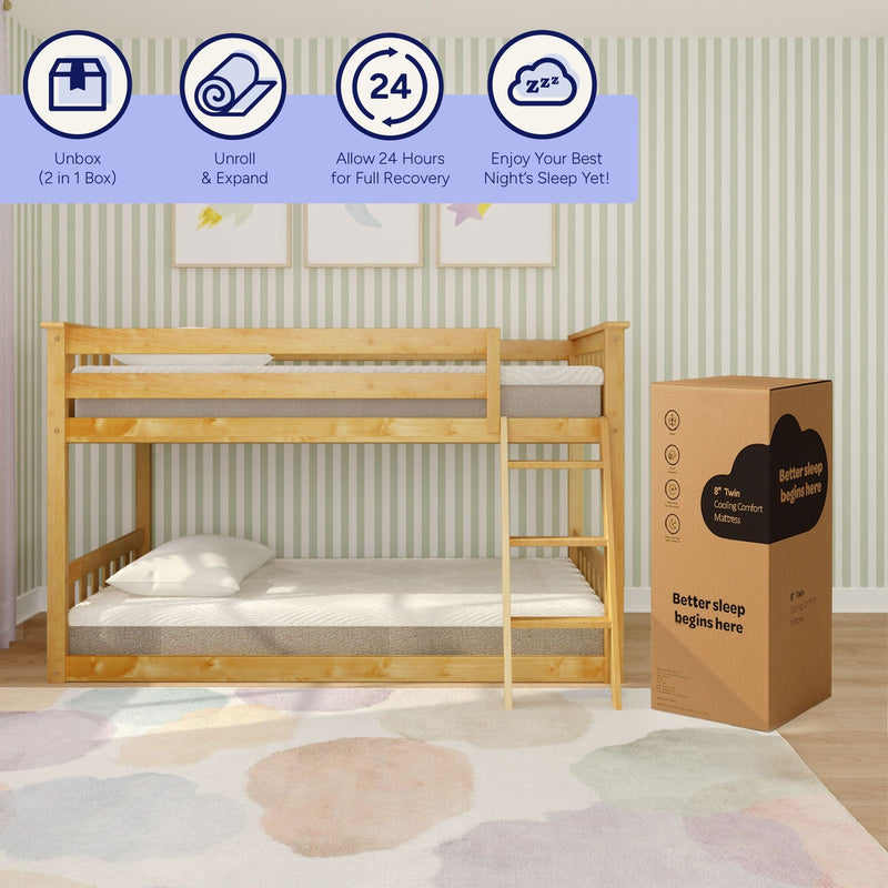 8-inch twin cooling comfort mattress-in-a-box beside a natural wood bunk bed in a kids' bedroom, showing unbox, unroll, 24-hour recovery and better sleep instructions