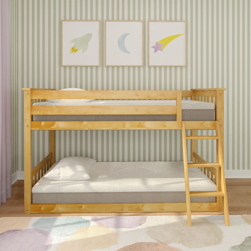 Natural pine twin-over-full bunk bed with side ladder in kids' bedroom, neutral striped wallpaper and pastel area rug