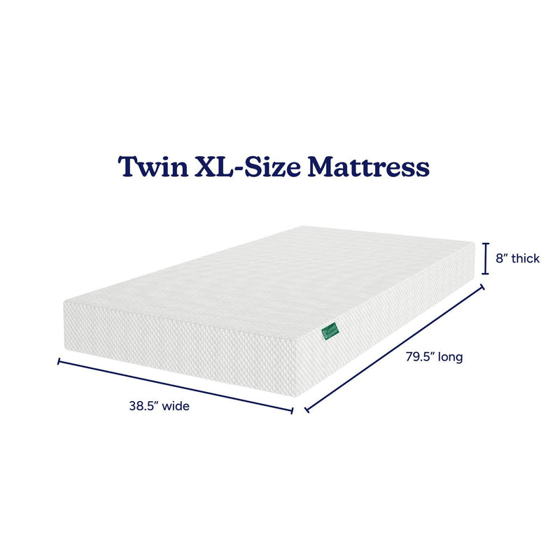 Twin XL mattress with white quilted cover, low-profile 8-inch thickness, dimensions 38.5 in wide x 79.5 in long, ideal Twin XL mattress dimensions for beds and dorm rooms