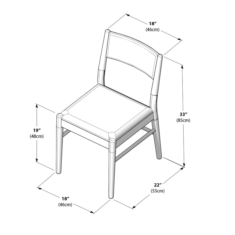 Technical line drawing of a wooden dining chair with padded seat and curved back showing dimensions: overall height 33″ (85 cm), seat height 19″ (48 cm), seat depth 18″ (46 cm), and overall width 22″ (55 cm).