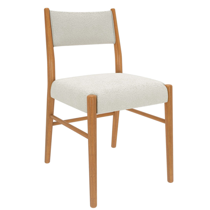 Mid-century modern dining chair with light wood frame and cream boucle upholstered seat and back
