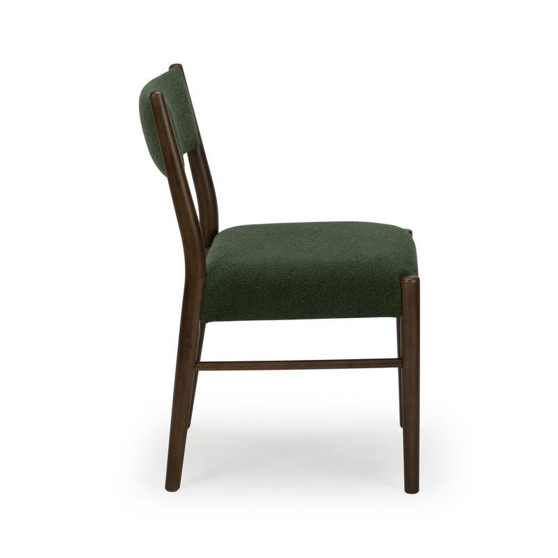 Green upholstered dining chair with textured fabric and dark walnut wood frame, mid-century modern side profile on white background