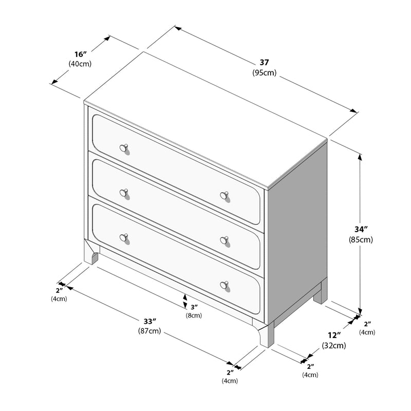Three-drawer wooden dresser dimension diagram for product listing, showing overall 37″ (95 cm) length x 16″ (40 cm) depth x 34″ (85 cm) height, drawer width 33″ (87 cm) with annotated leg, toe-kick and clearance measurements — 3-drawer chest of drawers dimensions and measurements.