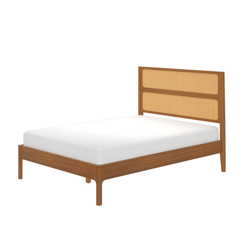 Mid-century modern wood bed frame with woven rattan cane headboard and white mattress