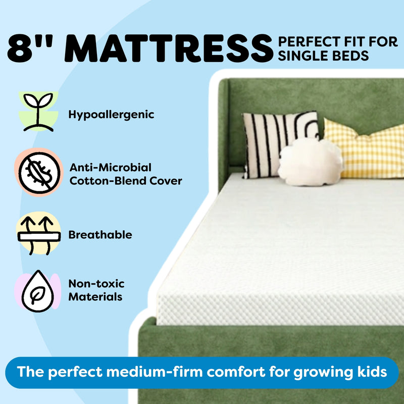 8-inch medium-firm kids mattress (twin/single) — breathable, hypoallergenic foam with anti-microbial cotton-blend cover and non-toxic materials