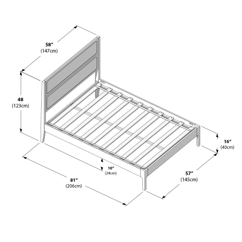 Assembly diagram of a platform bed frame with slatted base and padded headboard, labeled dimensions 81" (206 cm) length, 57" (145 cm) width, 58" (147 cm) headboard width, 48" (123 cm) headboard height, 16" (40 cm) leg clearance and 10" (24 cm) internal clearance for mattress support