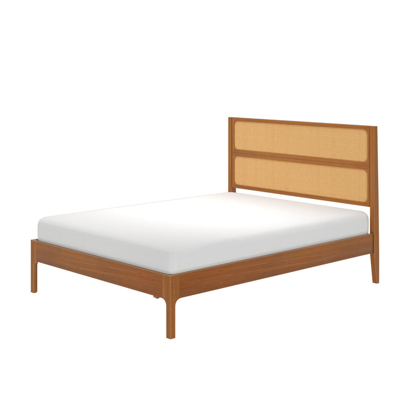 Mid-century modern wooden platform bed with woven rattan headboard panels and white mattress on a white background