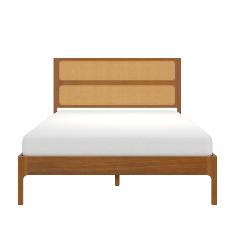 Mid-century modern wooden platform bed with woven cane rattan headboard, warm wood finish and white mattress, minimalist bedroom furniture