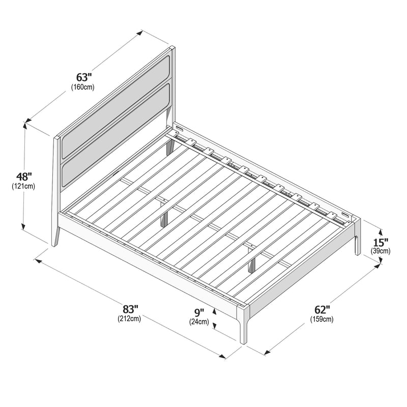 Isometric assembly diagram of a slatted platform bed frame with upholstered headboard, showing dimensions: length 83" (212 cm), width 62–63" (159–160 cm), headboard height 48" (121 cm), under-bed clearance 9" (24 cm) and footboard height 15" (39 cm).