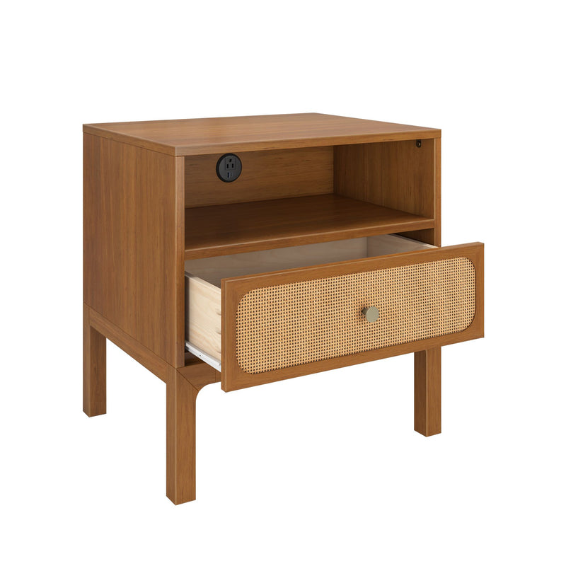 Mid-century modern wooden nightstand with woven cane drawer front, open shelf and built-in USB outlet, oak finish