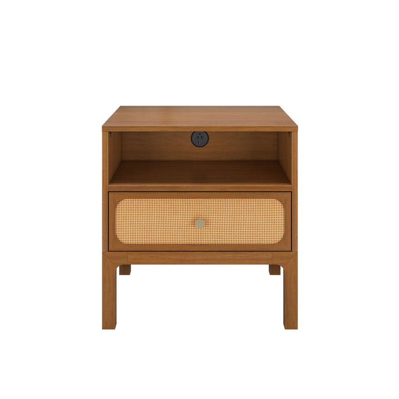 Mid-century modern walnut nightstand with open shelf, rattan cane drawer front and built-in power outlet with USB ports