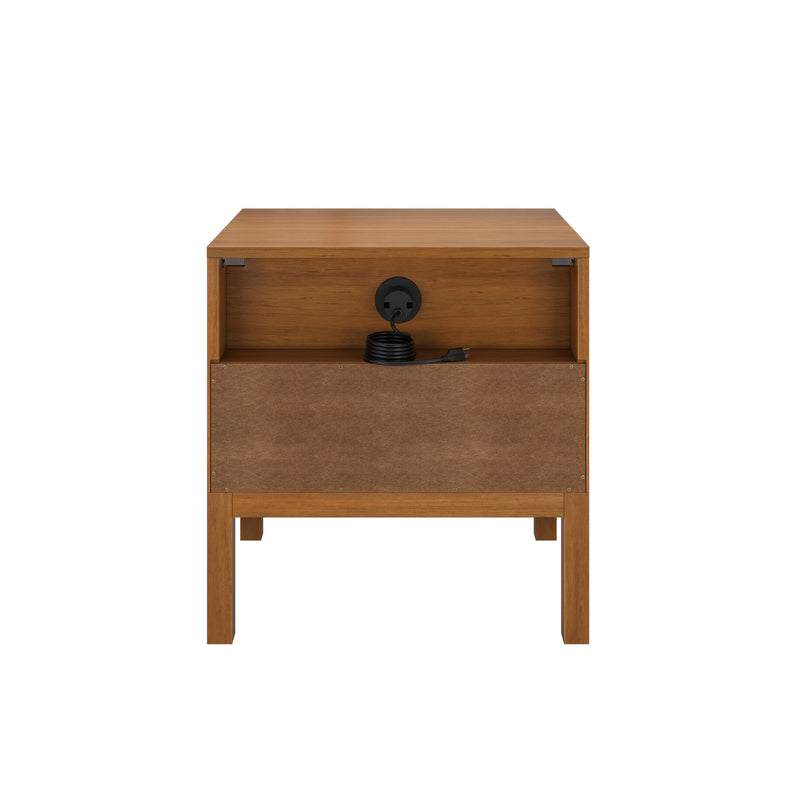 Honey oak wooden nightstand with open shelf, built-in cable management outlet and coiled black power cord
