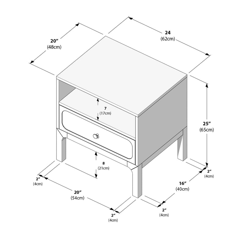 Isometric dimension diagram of a mid-century modern bedside nightstand with one drawer and open shelf, overall 24" x 20" x 25" (62 x 48 x 65 cm) — furniture measurement illustration for product listing