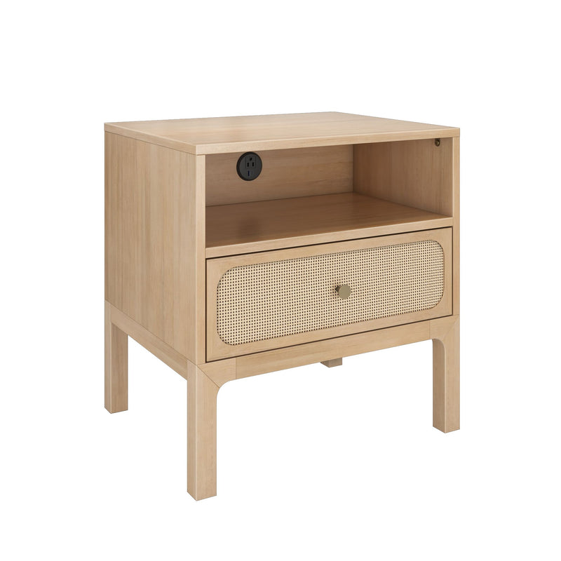 Light wood nightstand with rattan cane-front drawer, open shelf and built-in power outlet — mid-century modern bedside table