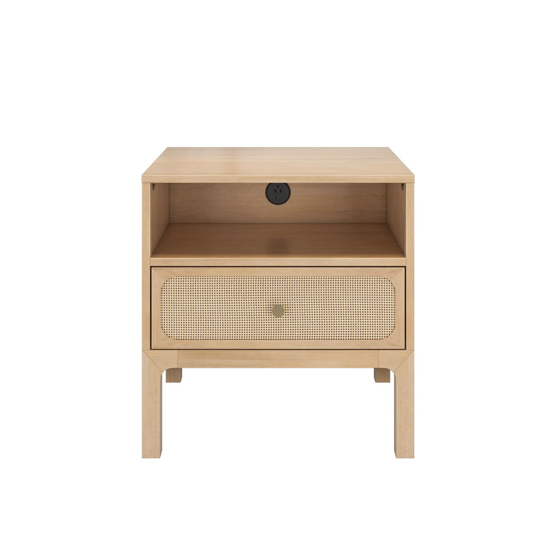 Light wood nightstand with open shelf, woven cane drawer front and built-in power outlet with USB ports