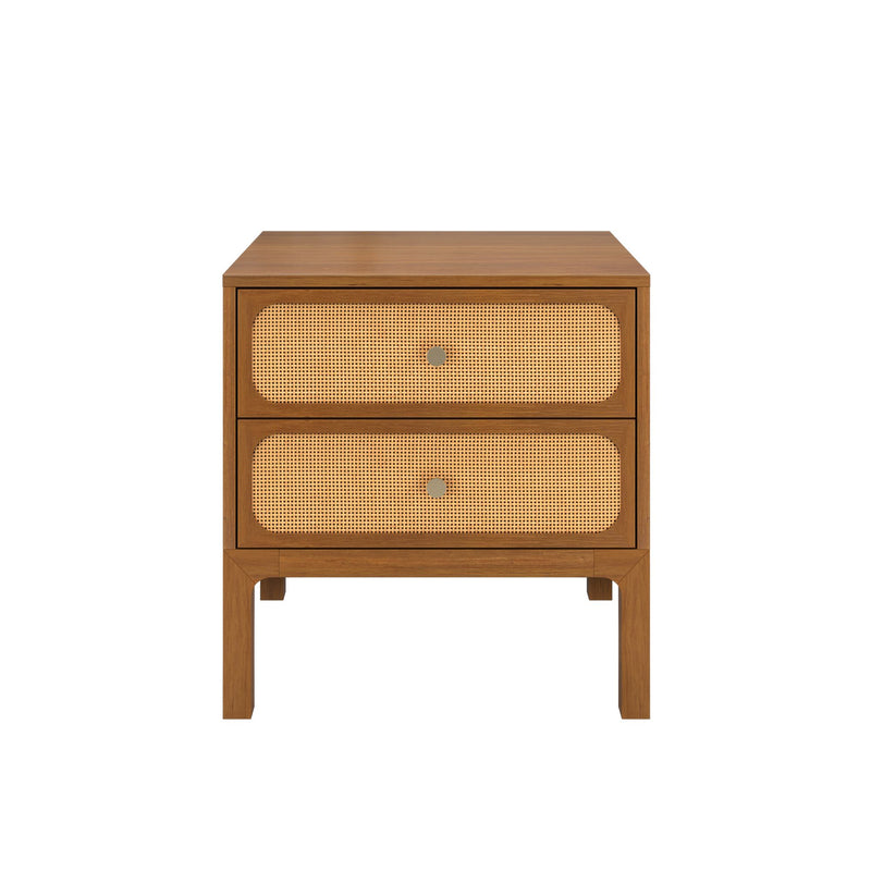 Mid-century modern two-drawer walnut nightstand with woven rattan (cane) drawer fronts and round brass knobs, bedside table