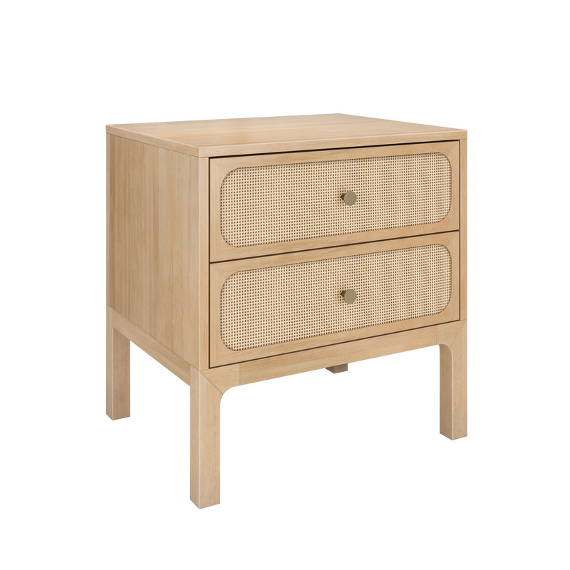 Light wood mid-century modern nightstand bedside table with two drawers, woven rattan cane fronts and brass knobs