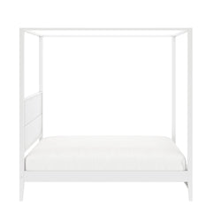 White minimalist four-poster bed with modern design and clean lines.