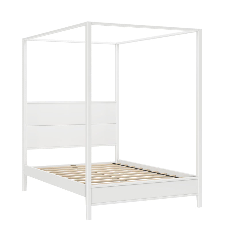 White canopy bed frame with wooden slatted platform base and minimalist four‑poster design