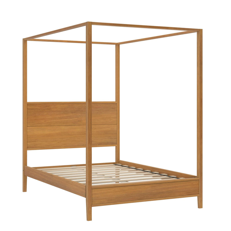 Natural wood canopy bed frame with slatted platform base and paneled headboard, minimalist four-poster design