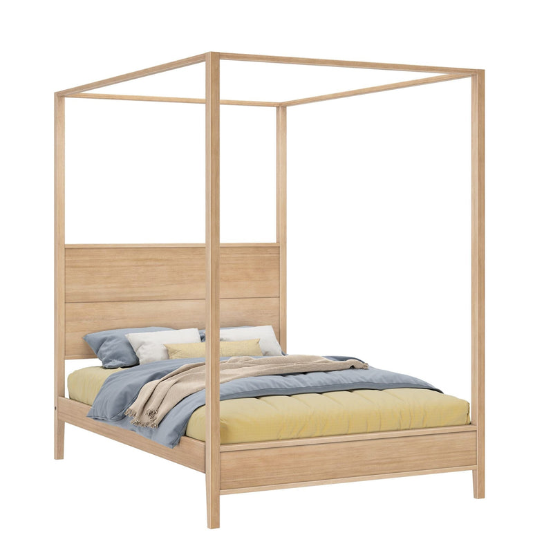 Natural oak wooden canopy (four‑poster) bed with layered neutral bedding and textured throw, modern minimalist style