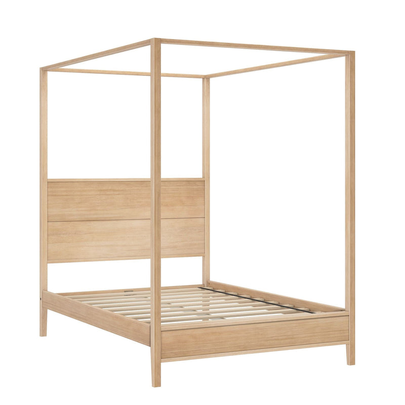 Modern minimalist wooden canopy bed frame with slatted base and natural oak finish, four-post design for bedroom decor