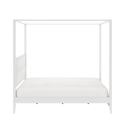 White modern canopy bed frame with minimalist design.