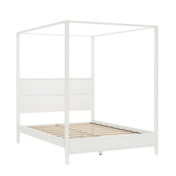 White modern four-poster bed frame with a minimalist design and wooden slats, perfect for bedroom decor.