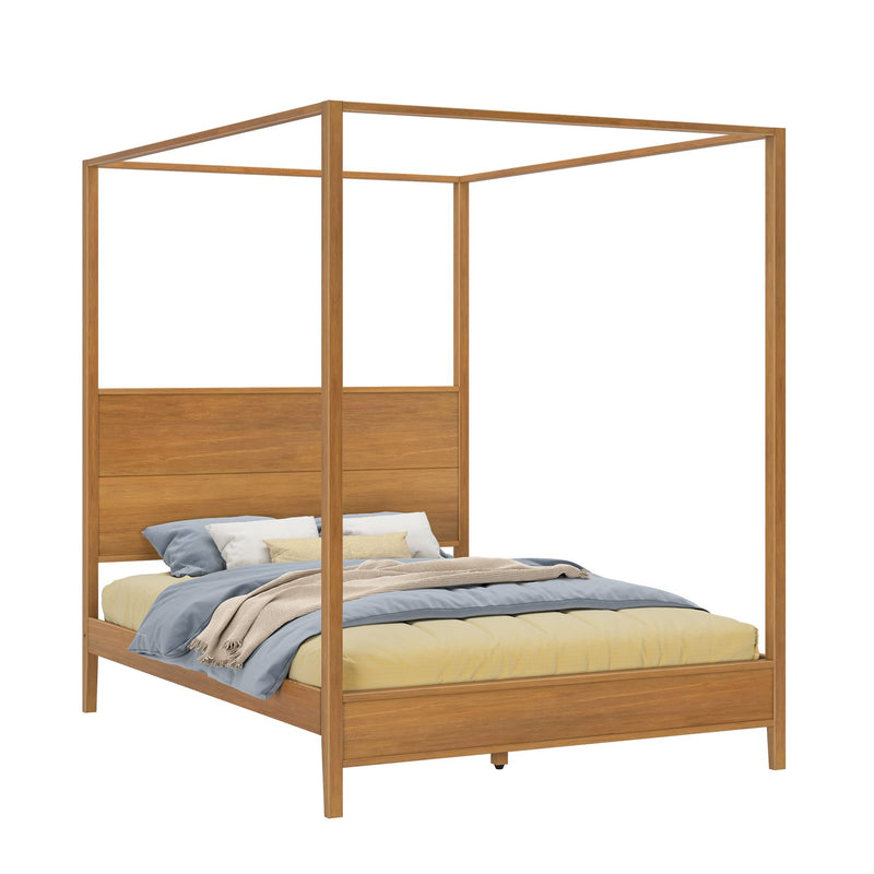 Modern solid wood four-poster canopy bed frame in light oak with headboard, mattress and gray-blue and beige bedding