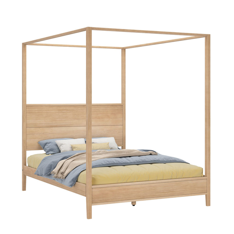 Minimalist light oak wooden canopy bed frame with headboard, platform four‑poster bed styled with blue and yellow bedding and a neutral throw — modern Scandinavian bedroom furniture
