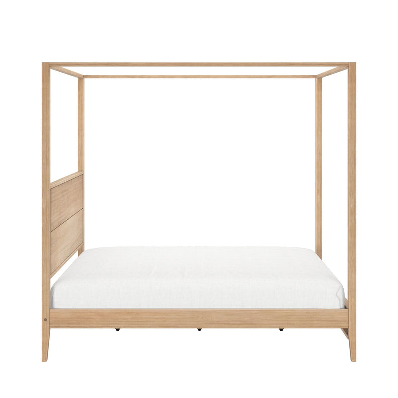 Light oak canopy bed frame with panel headboard and white mattress, minimalist wooden four-poster bed for modern bedrooms