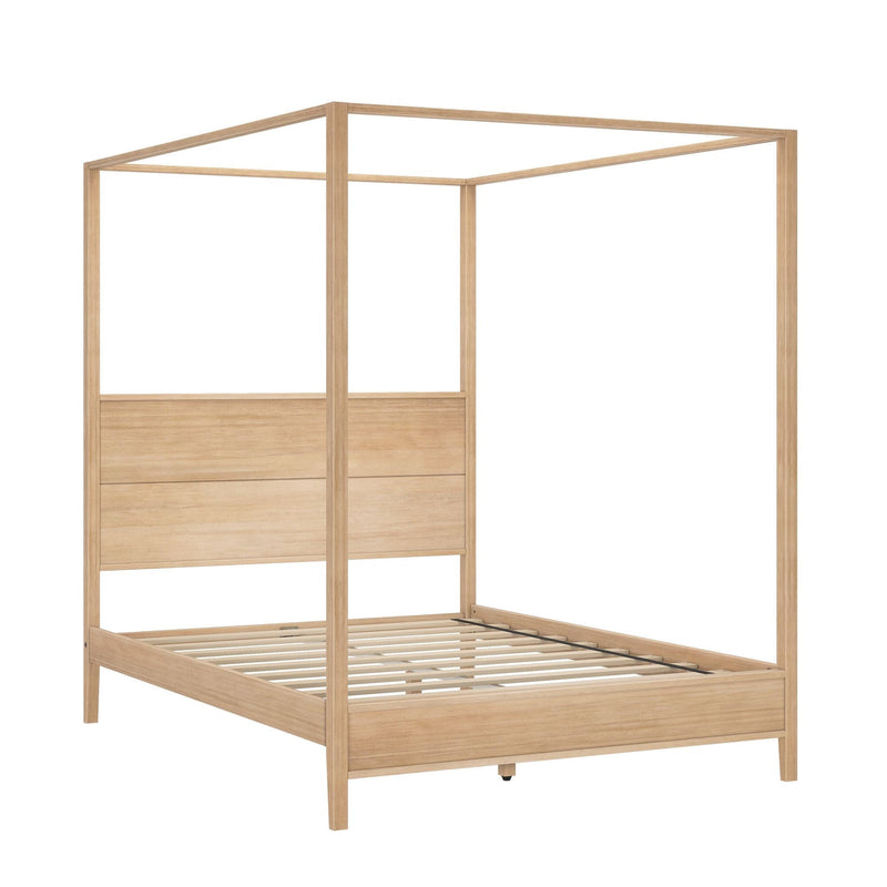 Light oak canopy bed frame, minimalist wooden platform bed with slatted base and paneled headboard in natural finish