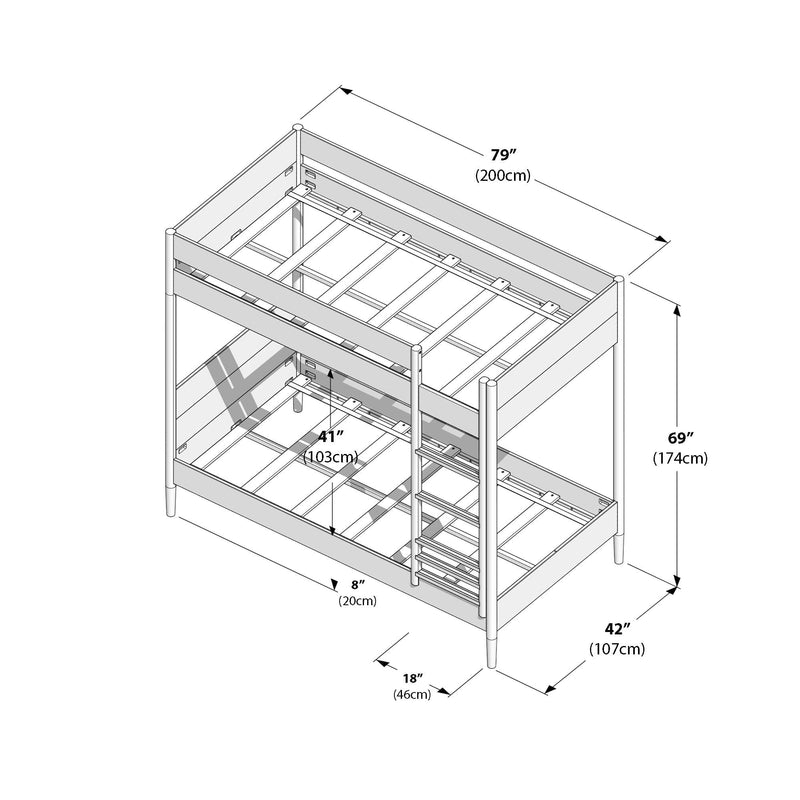 Assembly diagram of wooden twin-over-full bunk bed with ladder, guardrails and slatted mattress supports, labeled dimensions 79" (200 cm) L × 42" (107 cm) W × 69" (174 cm) H