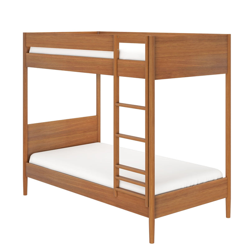 Wooden bunk bed with ladder and white mattress, ideal for optimizing small spaces in children's bedrooms.