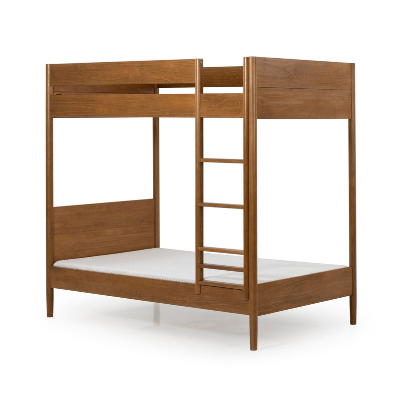 Solid walnut-finish wooden twin-over-twin bunk bed with built-in ladder and minimalist mid-century modern design