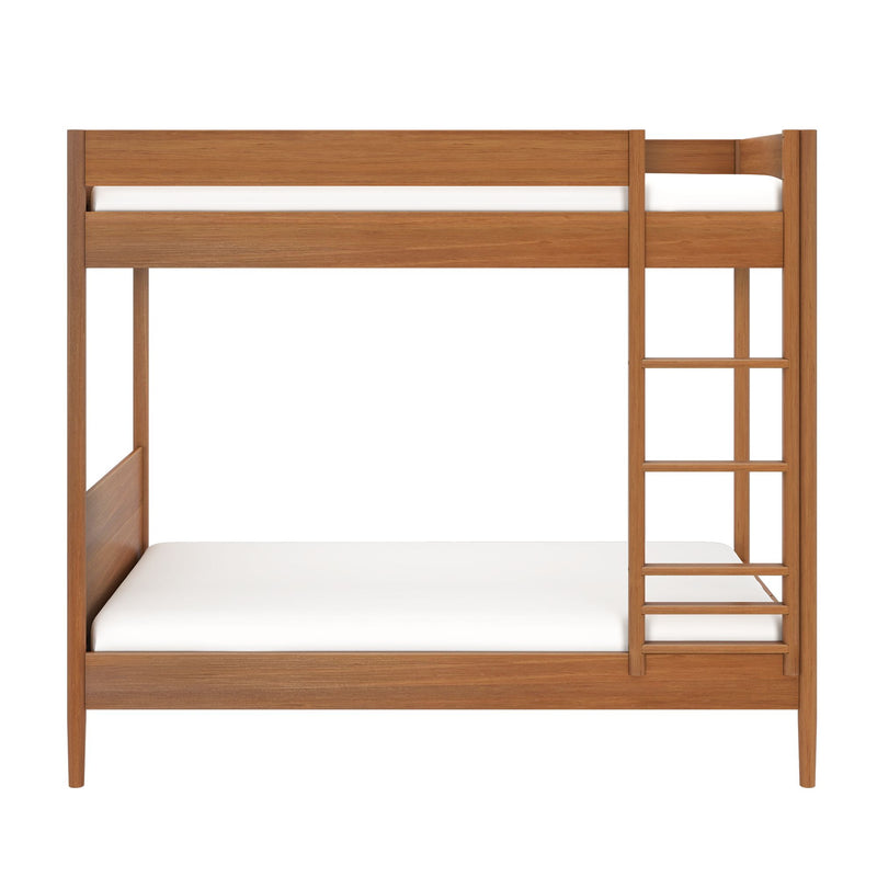 Wooden bunk bed with ladder and white mattresses, ideal for maximizing space in children's bedrooms.