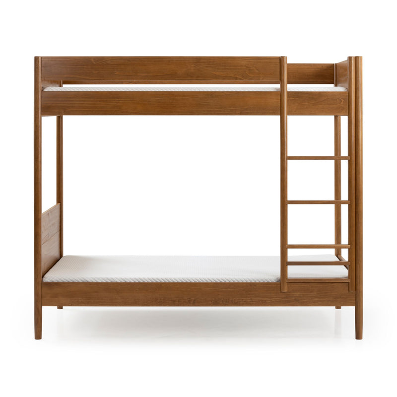 Solid wood twin-over-twin bunk bed in natural walnut finish with integrated ladder — space-saving mid-century modern design for children's bedroom