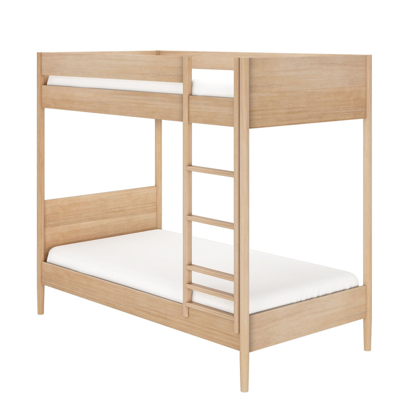 Natural light wood bunk bed with integrated ladder and white mattresses, modern space-saving solid wood frame for kids' bedroom furniture