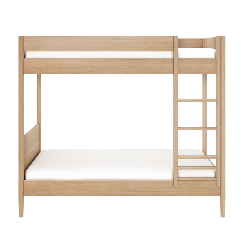 Light natural wood loft-style bunk bed with ladder, guardrails and white mattresses — modern space-saving kids bedroom furniture