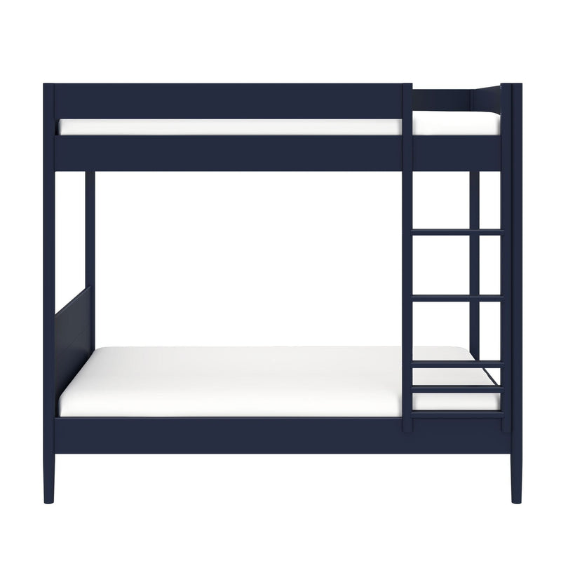 Navy blue wooden bunk bed with ladder and white mattresses, space-saving twin-over-full design for kids' bedroom