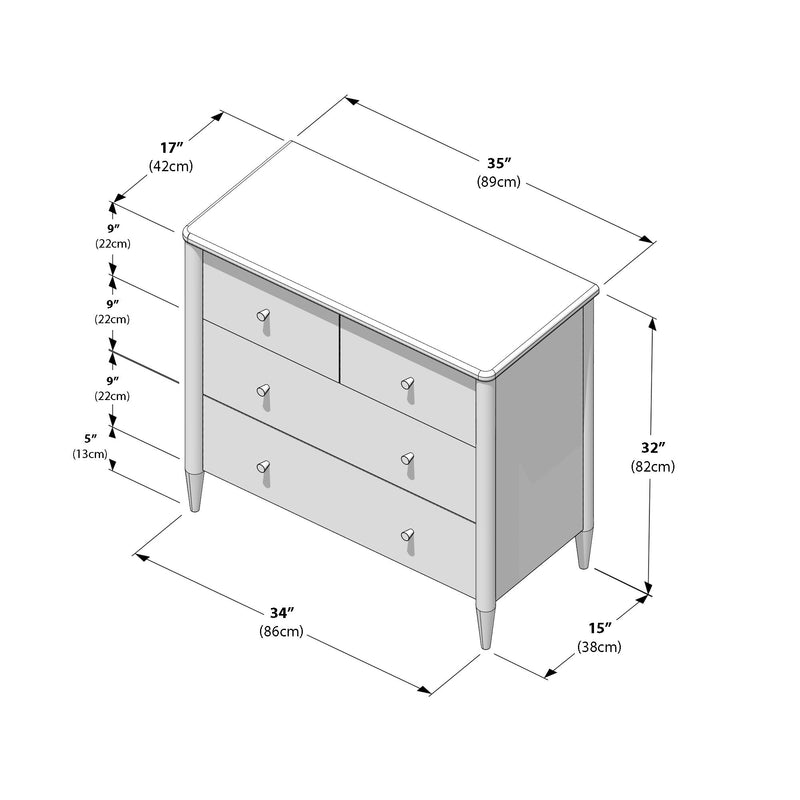 Mid-century modern three-drawer dresser with tapered legs and rounded top edges, technical line drawing showing dimensions 34" (86 cm) wide x 15" (38 cm) deep x 32" (82 cm) high