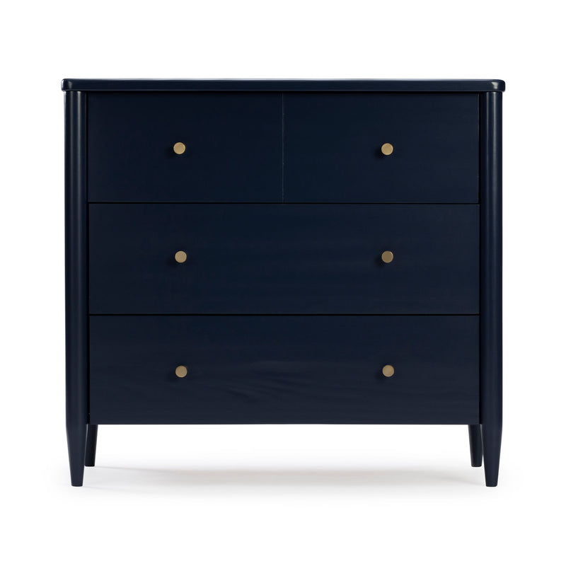 Navy blue mid-century modern wooden dresser with brass round knobs, tapered legs and multiple drawers on white background