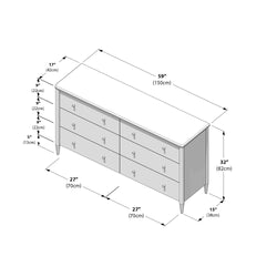 59-inch six-drawer dresser, modern white wood bedroom storage with tapered legs — measurements 59"×32"×15" (150×82×38 cm) with labeled drawer heights