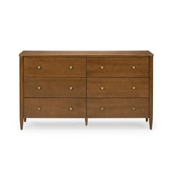Mid-century modern 6-drawer walnut dresser with brass knobs and tapered legs on white background — bedroom storage furniture
