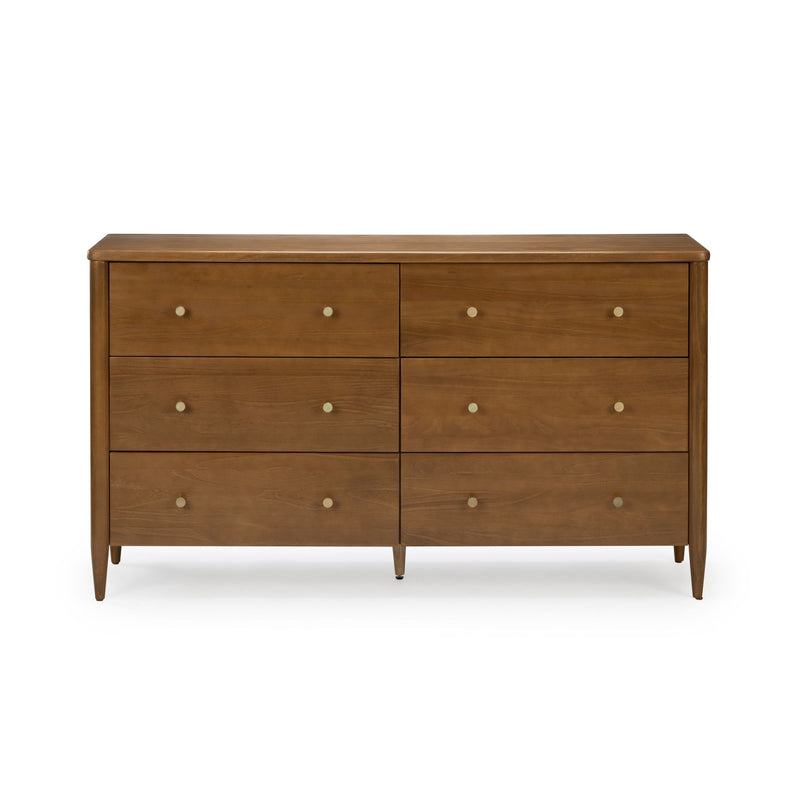 Mid-century modern 6-drawer walnut dresser with brass knobs and tapered legs on white background — bedroom storage furniture